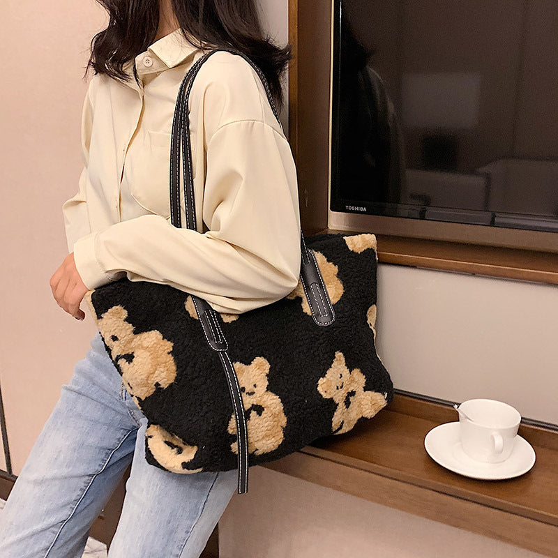 Women Cute Bear Plush Shoulder Bag Large Tote Handbag Purse